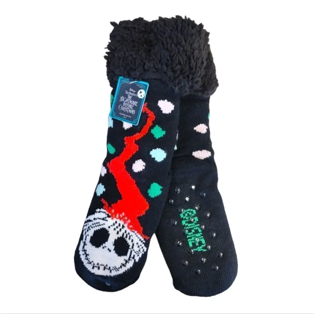 Disney Nightmare Before Christmas Black Sherpa Holiday‎ Slipper Socks NWT